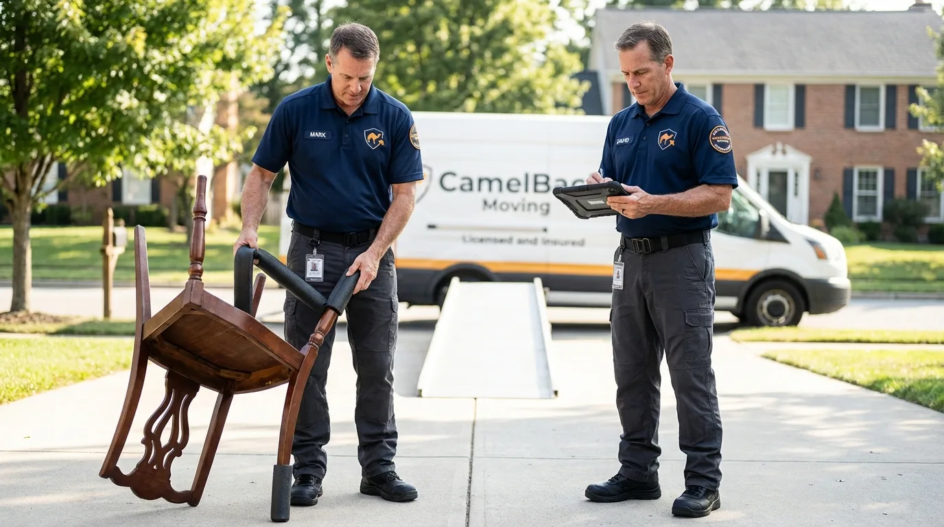 Movers inspecting furniture for damage prevention before loading in Plains, MT