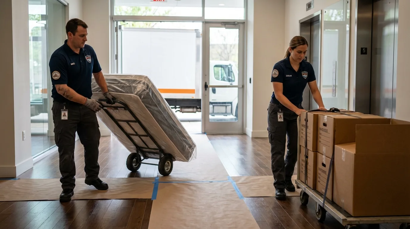 Professional apartment movers loading elevator in Plains, MT